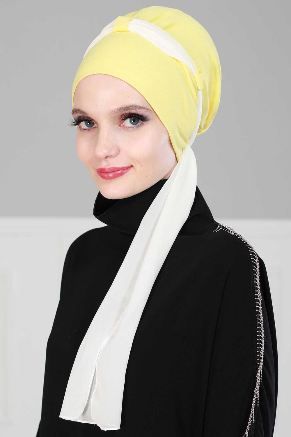 Dual Tone Instant Turban Bonnet with Chiffon Band, Fashionable Muslim Head Covering for Women, Ready-to-Wear Versatile Women Head Wrap,B-24 Yellow - Ivory