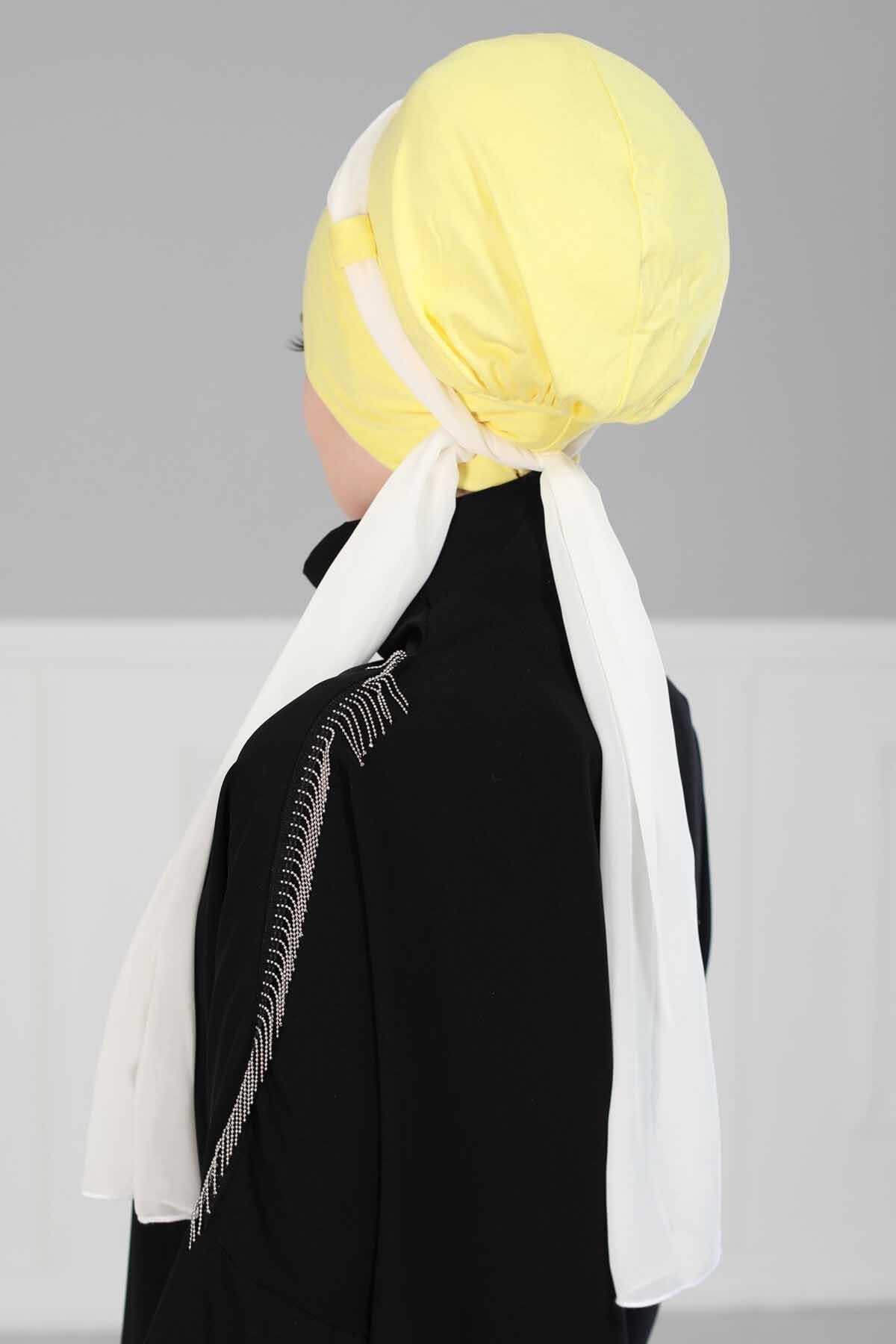 Dual Tone Instant Turban Bonnet with Chiffon Band, Fashionable Muslim Head Covering for Women, Ready-to-Wear Versatile Women Head Wrap,B-24 Yellow - Ivory