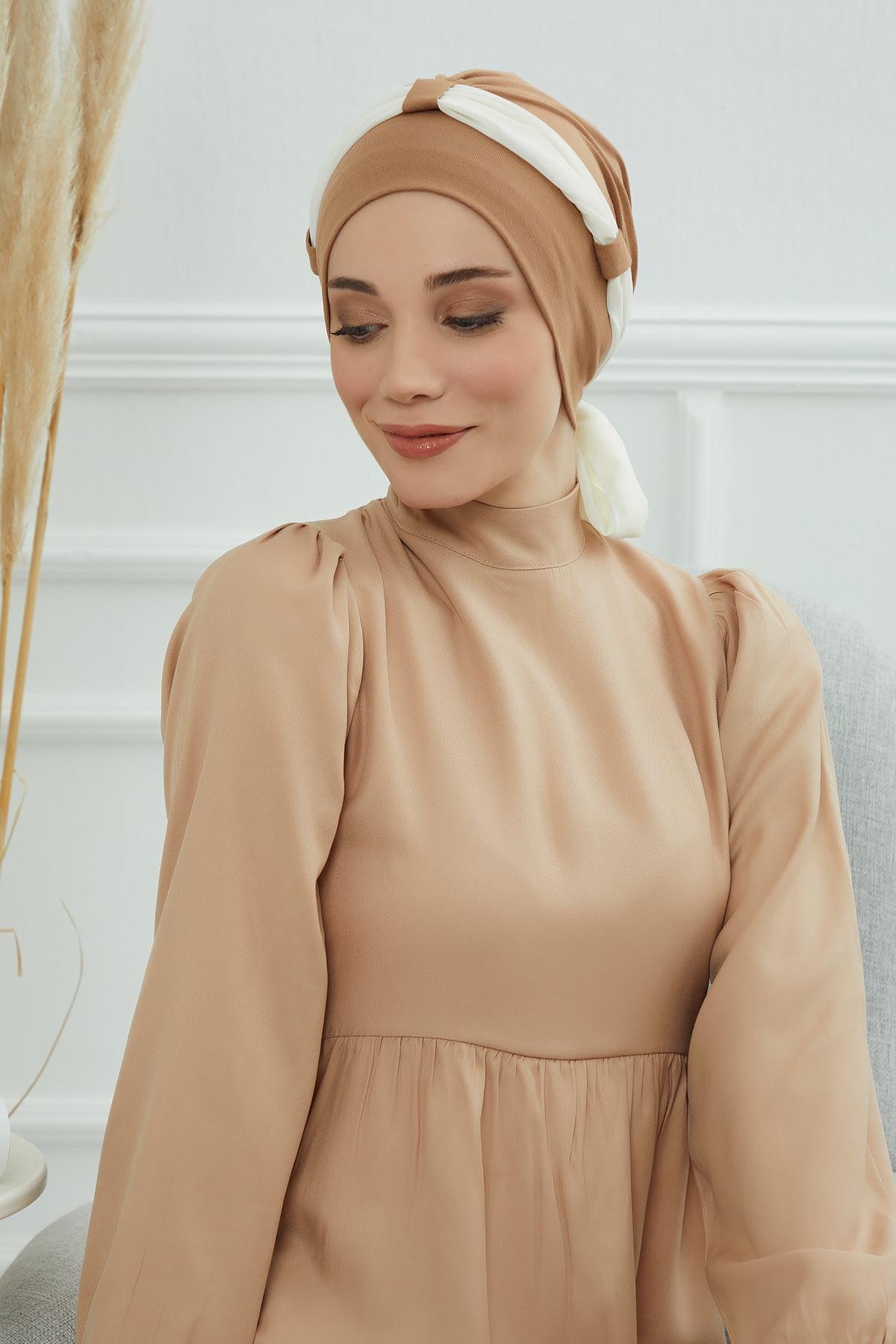Dual Tone Instant Turban Bonnet with Chiffon Band, Fashionable Muslim Head Covering for Women, Ready-to-Wear Versatile Women Head Wrap,B-24 Yellow - Ivory
