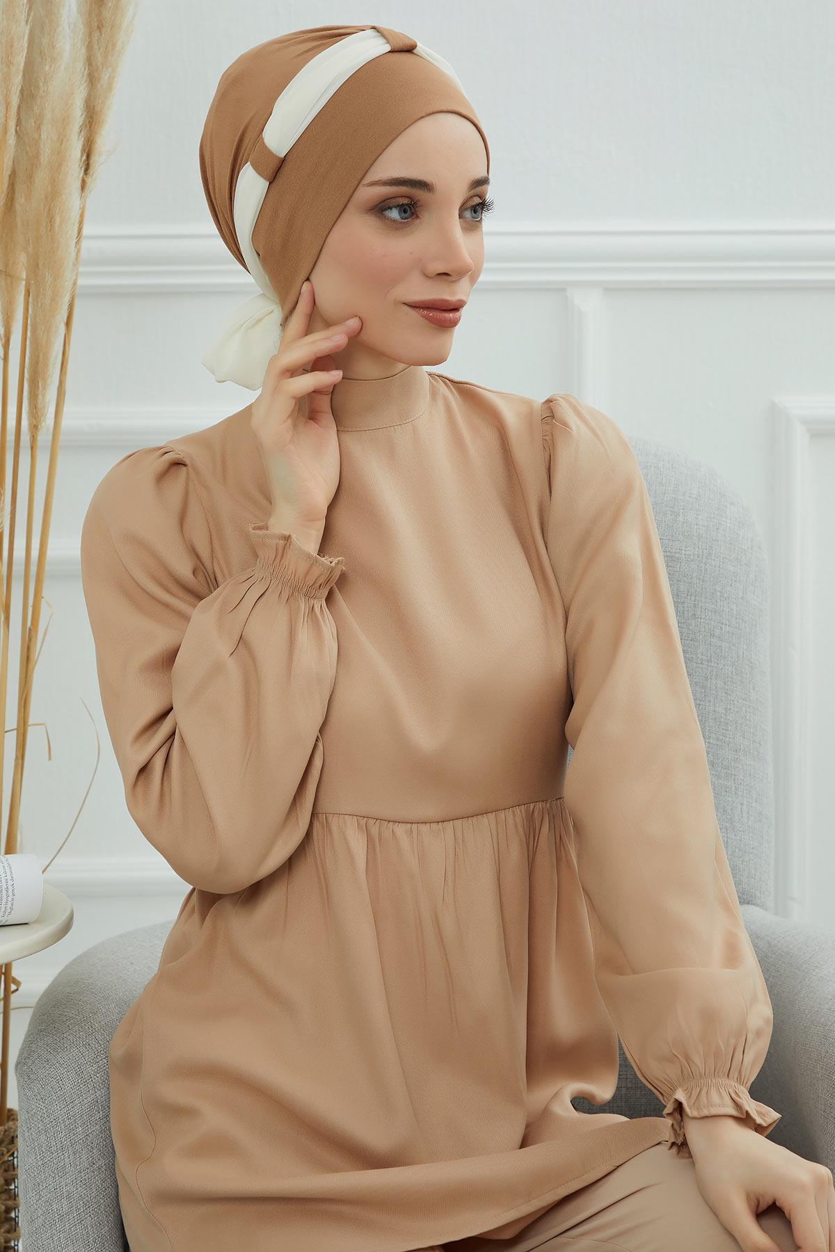 Dual Tone Instant Turban Bonnet with Chiffon Band, Fashionable Muslim Head Covering for Women, Ready-to-Wear Versatile Women Head Wrap,B-24 Yellow - Ivory