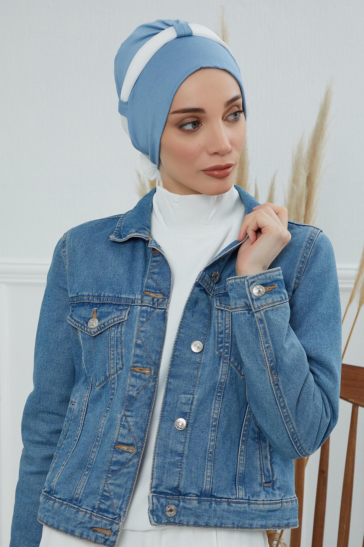 Dual Tone Instant Turban Bonnet with Chiffon Band, Fashionable Muslim Head Covering for Women, Ready-to-Wear Versatile Women Head Wrap,B-24 Blue - Ivory