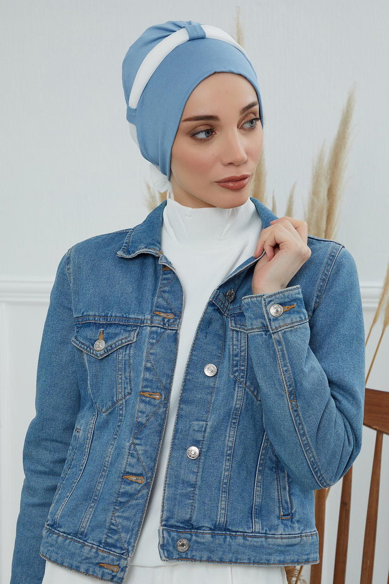 Dual Tone Instant Turban Bonnet with Chiffon Band, Fashionable Muslim Head Covering for Women, Ready-to-Wear Versatile Women Head Wrap,B-24