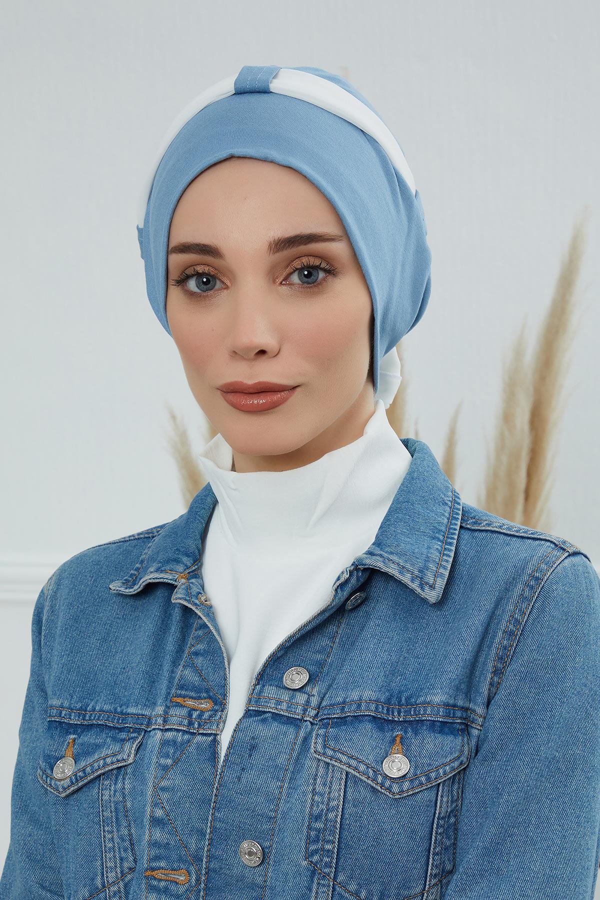 Dual Tone Instant Turban Bonnet with Chiffon Band, Fashionable Muslim Head Covering for Women, Ready-to-Wear Versatile Women Head Wrap,B-24 Blue - Ivory