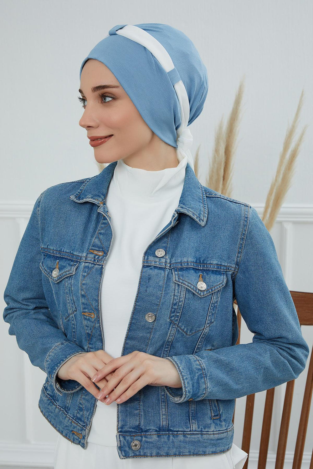 Dual Tone Instant Turban Bonnet with Chiffon Band, Fashionable Muslim Head Covering for Women, Ready-to-Wear Versatile Women Head Wrap,B-24 Blue - Ivory