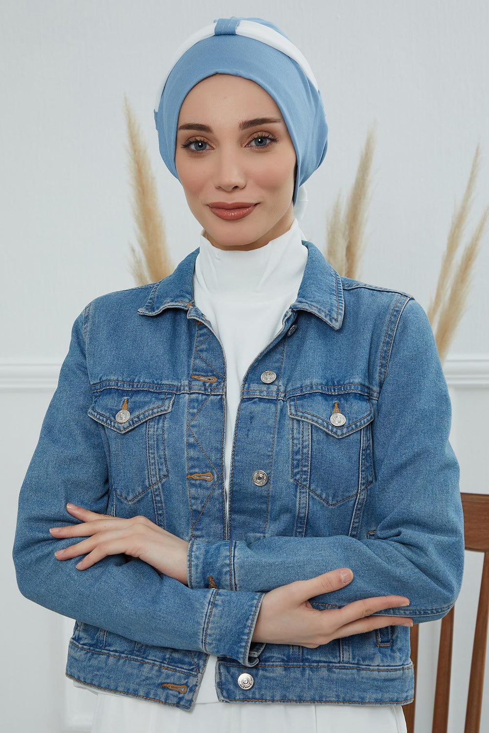Dual Tone Instant Turban Bonnet with Chiffon Band, Fashionable Muslim Head Covering for Women, Ready-to-Wear Versatile Women Head Wrap,B-24 Blue - Ivory