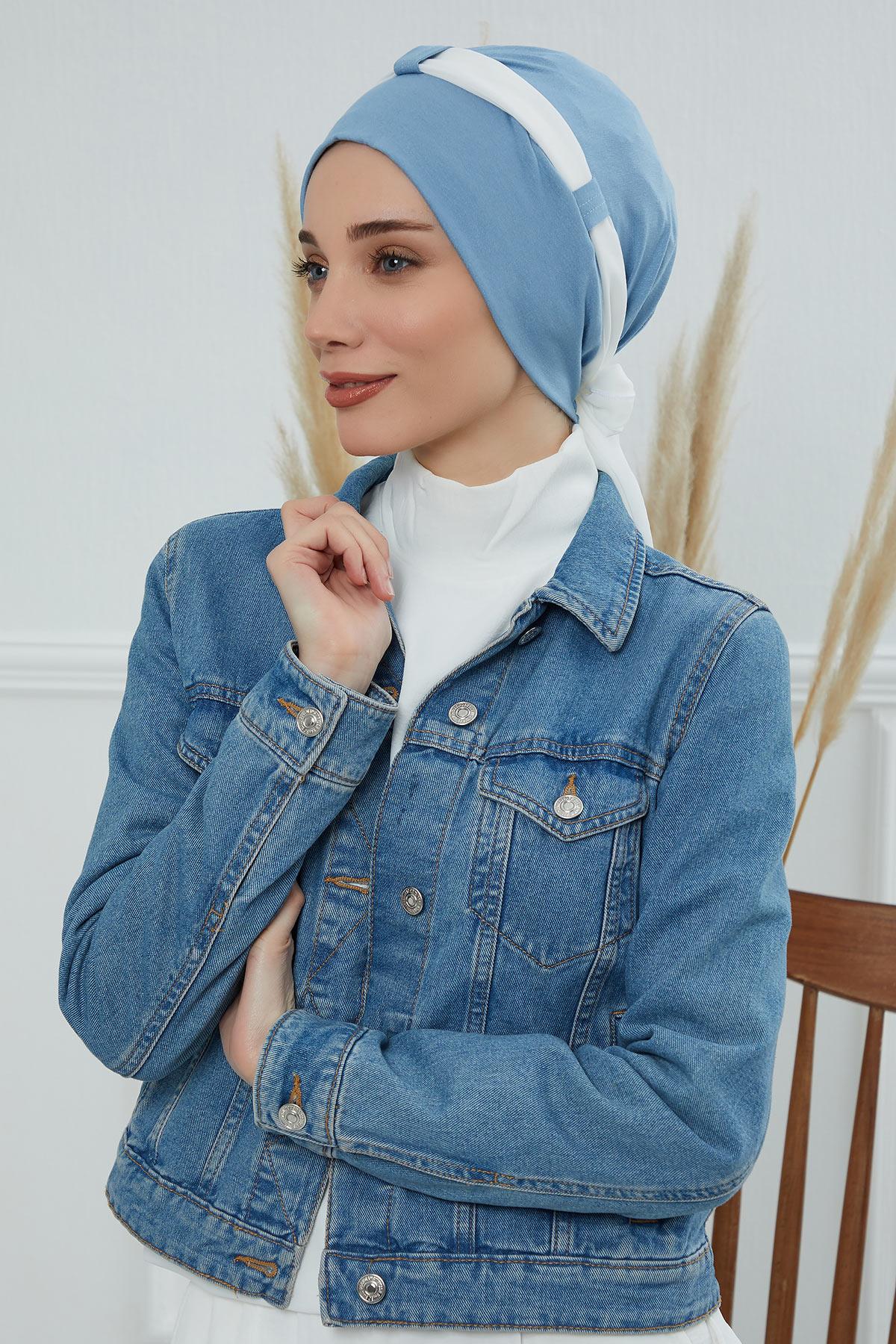 Dual Tone Instant Turban Bonnet with Chiffon Band, Fashionable Muslim Head Covering for Women, Ready-to-Wear Versatile Women Head Wrap,B-24 Blue - Ivory