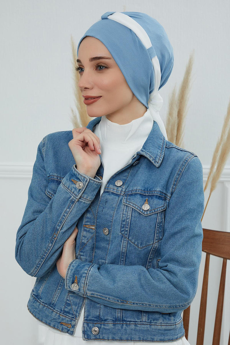 Dual Tone Instant Turban Bonnet with Chiffon Band, Fashionable Muslim Head Covering for Women, Ready-to-Wear Versatile Women Head Wrap,B-24