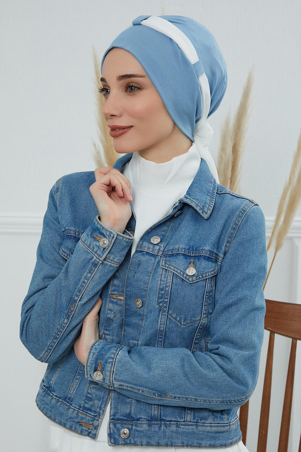 Dual Tone Instant Turban Bonnet with Chiffon Band, Fashionable Muslim Head Covering for Women, Ready-to-Wear Versatile Women Head Wrap,B-24 Blue - Ivory