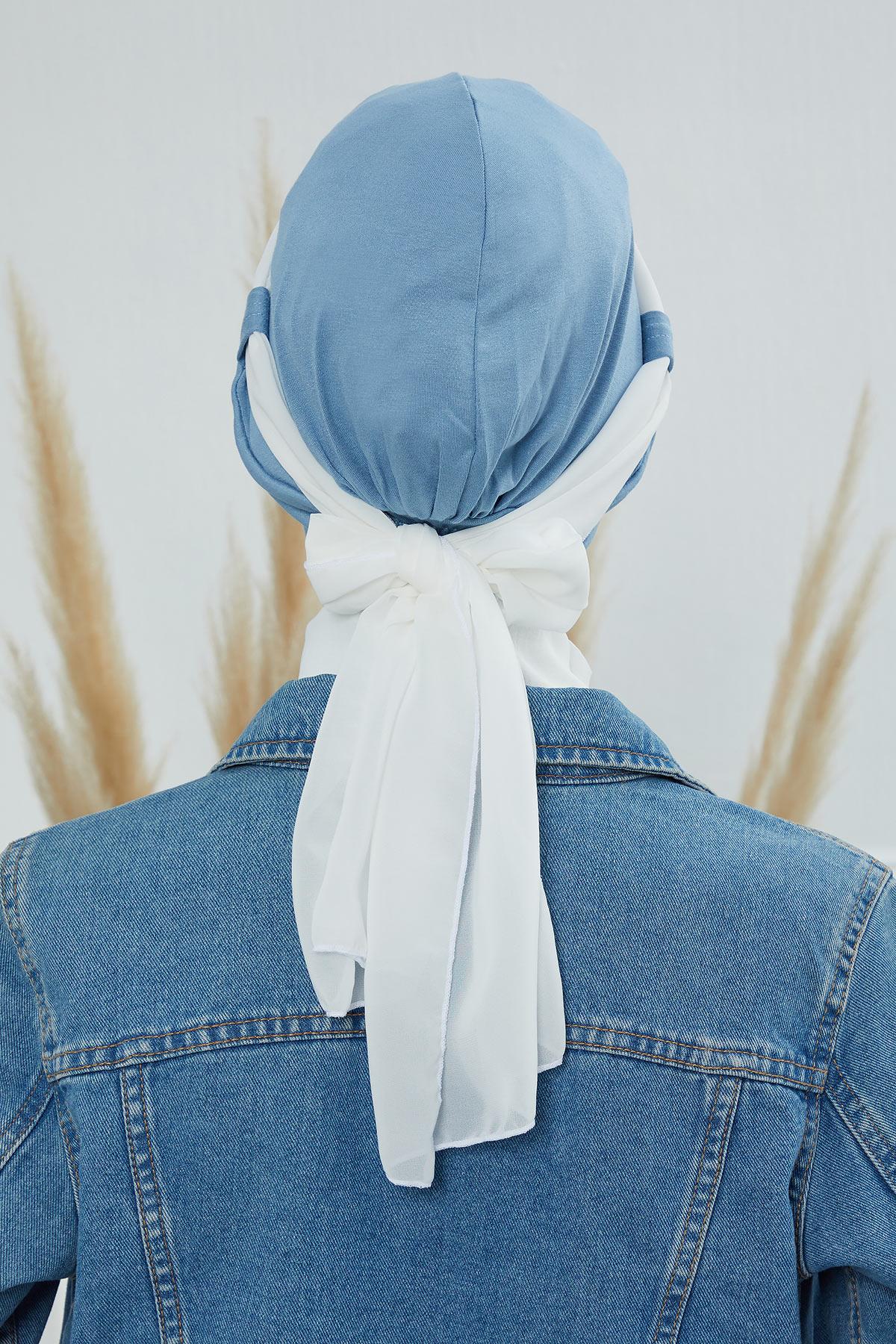 Dual Tone Instant Turban Bonnet with Chiffon Band, Fashionable Muslim Head Covering for Women, Ready-to-Wear Versatile Women Head Wrap,B-24 Blue - Ivory