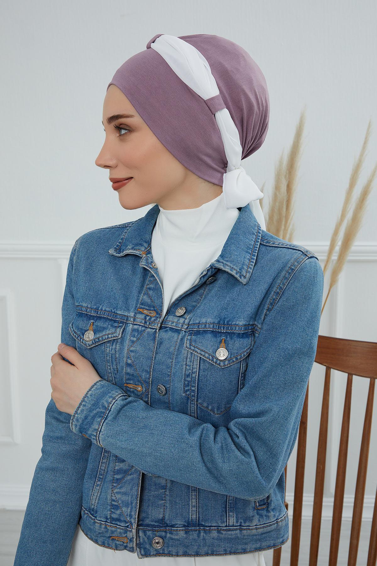 Dual Tone Instant Turban Bonnet with Chiffon Band, Fashionable Muslim Head Covering for Women, Ready-to-Wear Versatile Women Head Wrap,B-24 Lilac - Ivory