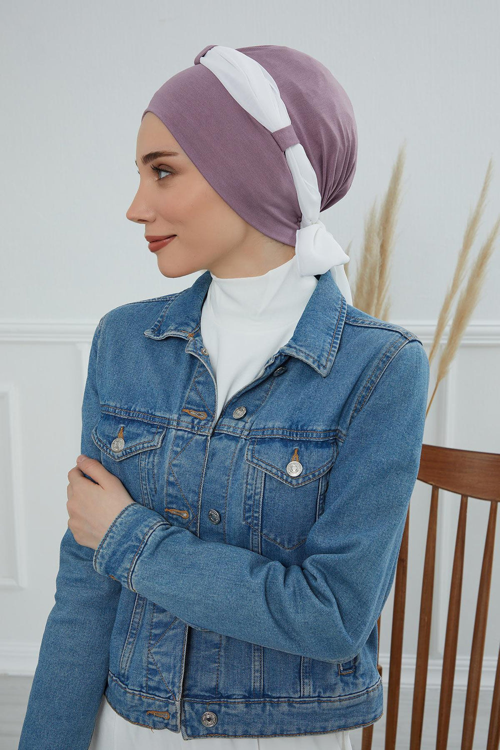 Dual Tone Instant Turban Bonnet with Chiffon Band, Fashionable Muslim Head Covering for Women, Ready-to-Wear Versatile Women Head Wrap,B-24 Lilac - Ivory