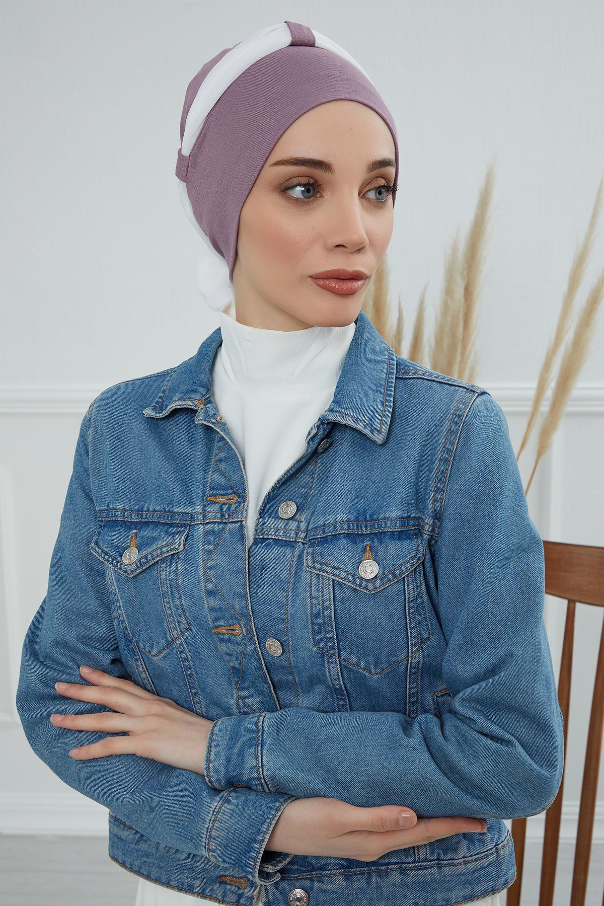 Dual Tone Instant Turban Bonnet with Chiffon Band, Fashionable Muslim Head Covering for Women, Ready-to-Wear Versatile Women Head Wrap,B-24 Lilac - Ivory