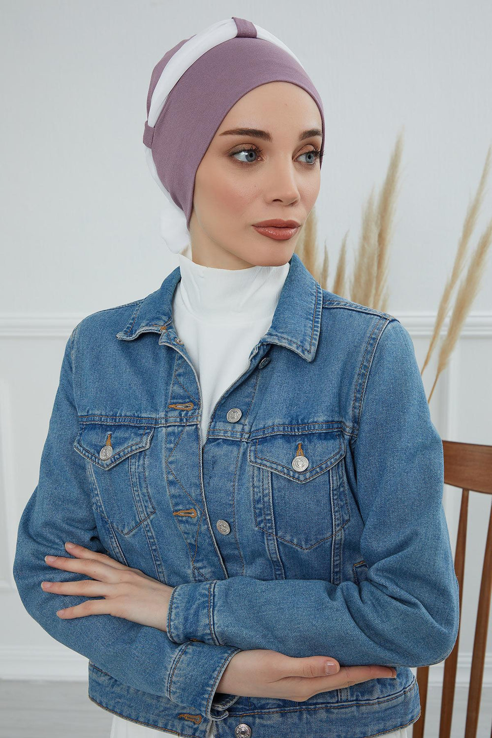 Dual Tone Instant Turban Bonnet with Chiffon Band, Fashionable Muslim Head Covering for Women, Ready-to-Wear Versatile Women Head Wrap,B-24 Lilac - Ivory