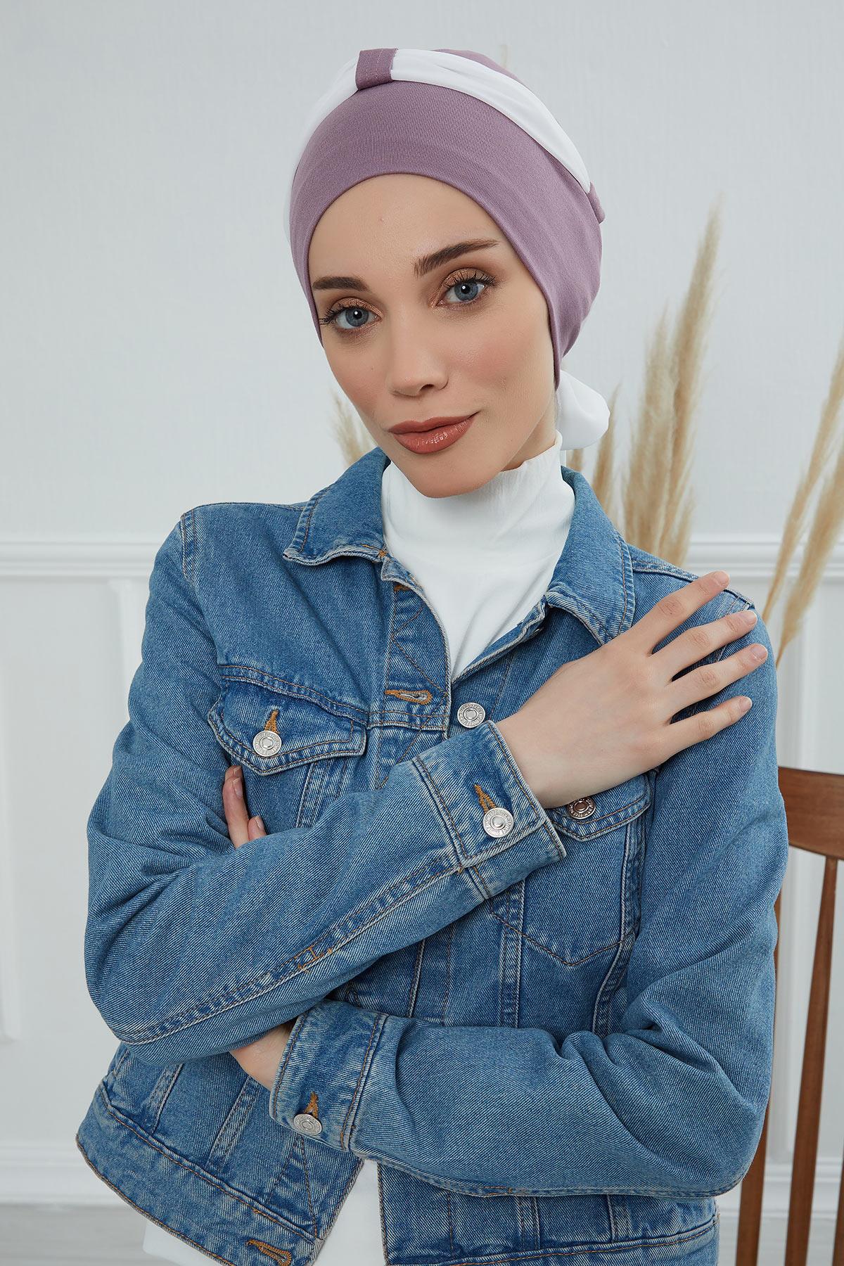 Dual Tone Instant Turban Bonnet with Chiffon Band, Fashionable Muslim Head Covering for Women, Ready-to-Wear Versatile Women Head Wrap,B-24 Lilac - Ivory