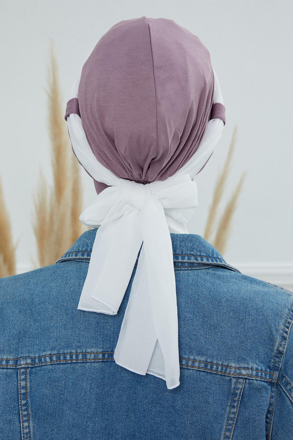 Dual Tone Instant Turban Bonnet with Chiffon Band, Fashionable Muslim Head Covering for Women, Ready-to-Wear Versatile Women Head Wrap,B-24 Lilac - Ivory