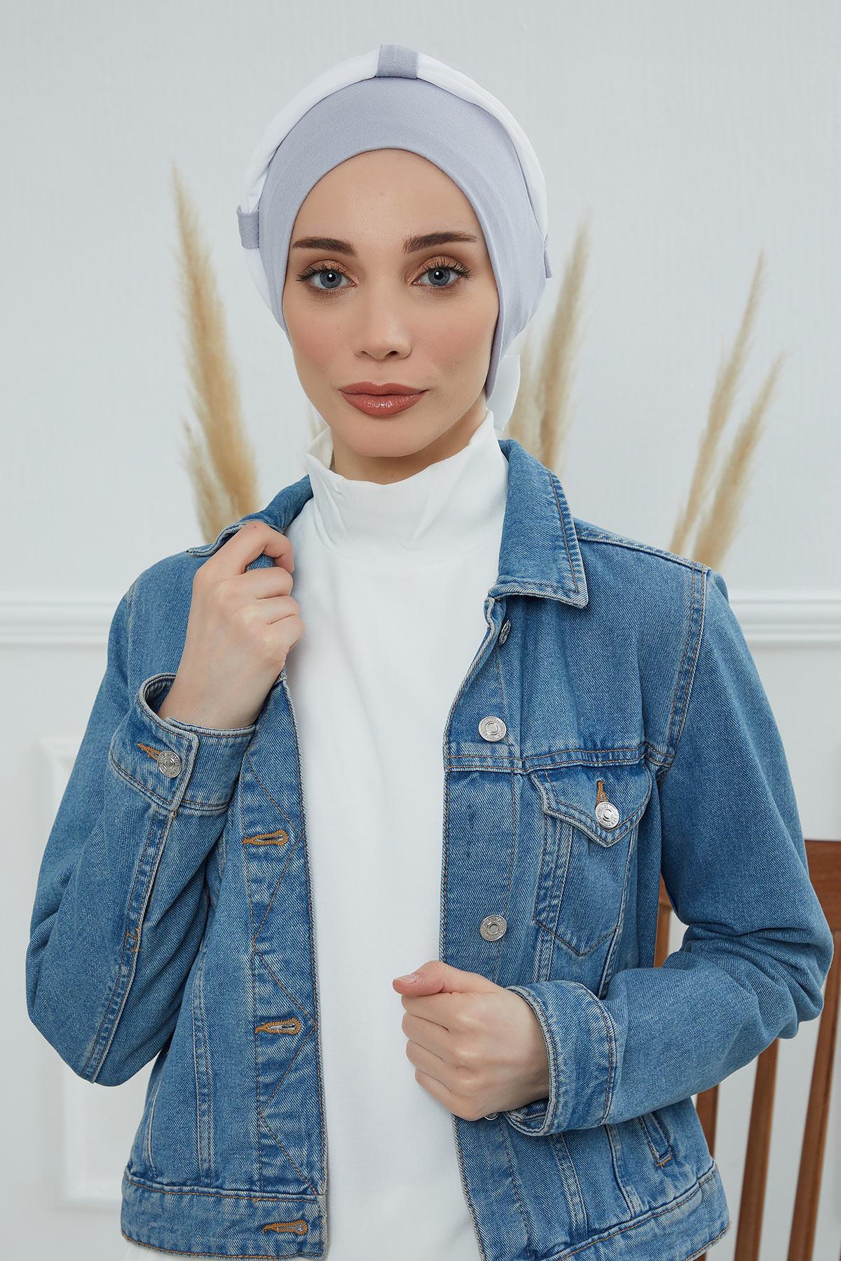 Dual Tone Instant Turban Bonnet with Chiffon Band, Fashionable Muslim Head Covering for Women, Ready-to-Wear Versatile Women Head Wrap,B-24 Grey 2 - Ivory