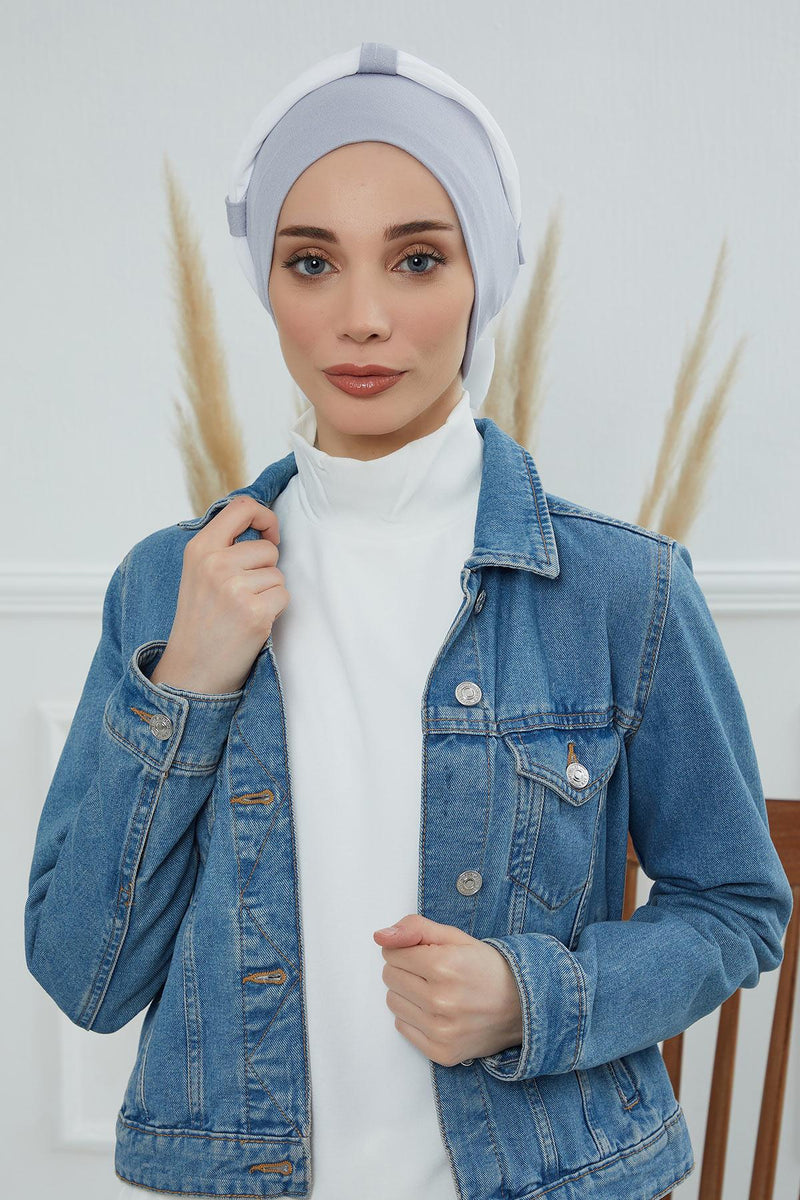 Dual Tone Instant Turban Bonnet with Chiffon Band, Fashionable Muslim Head Covering for Women, Ready-to-Wear Versatile Women Head Wrap,B-24