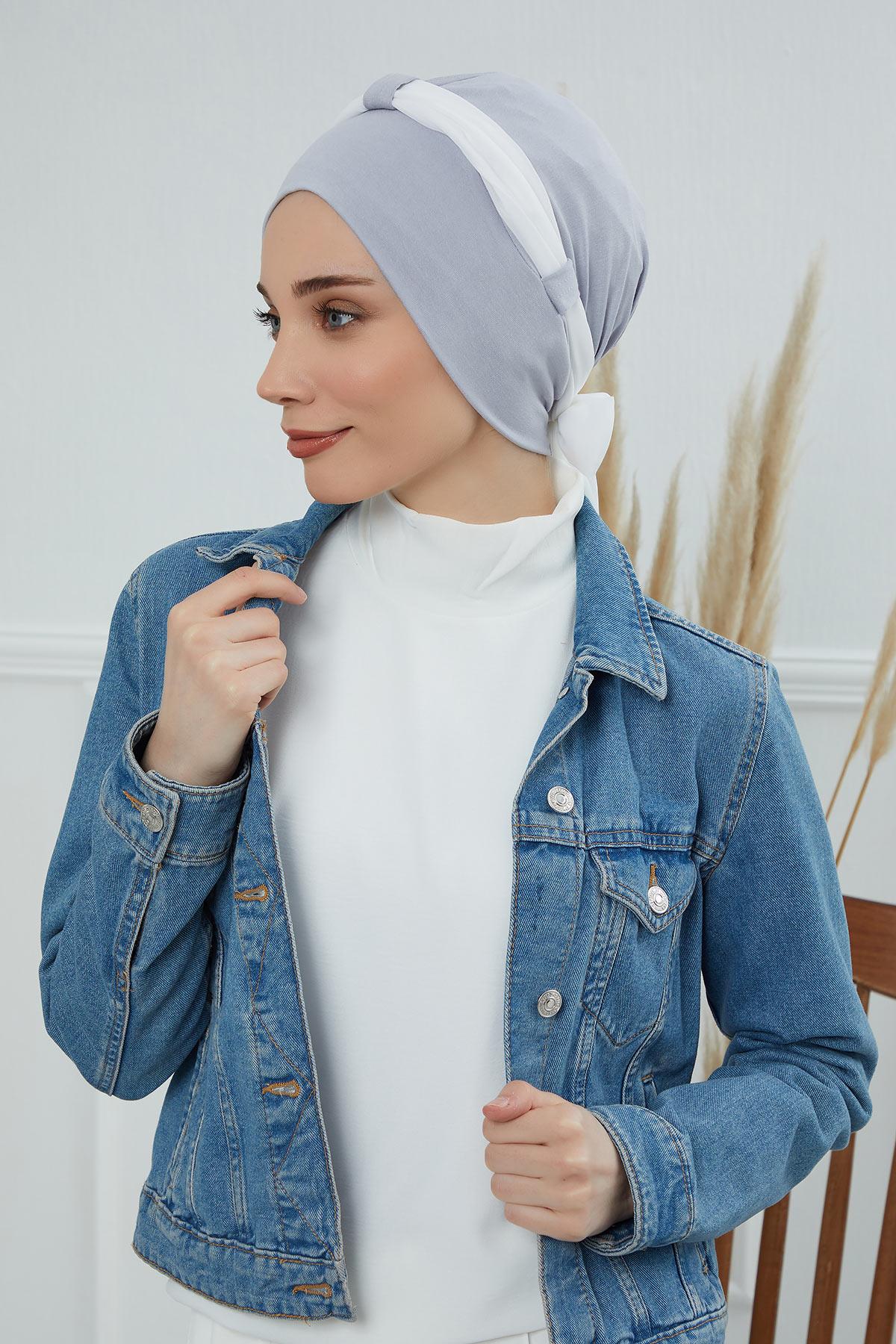 Dual Tone Instant Turban Bonnet with Chiffon Band, Fashionable Muslim Head Covering for Women, Ready-to-Wear Versatile Women Head Wrap,B-24 Grey 2 - Ivory