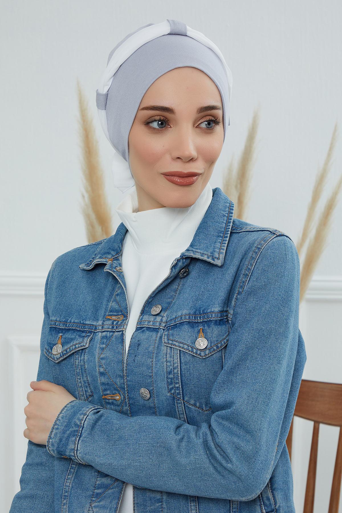 Dual Tone Instant Turban Bonnet with Chiffon Band, Fashionable Muslim Head Covering for Women, Ready-to-Wear Versatile Women Head Wrap,B-24 Grey 2 - Ivory