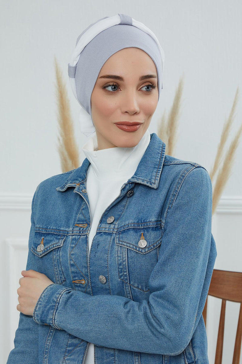 Dual Tone Instant Turban Bonnet with Chiffon Band, Fashionable Muslim Head Covering for Women, Ready-to-Wear Versatile Women Head Wrap,B-24