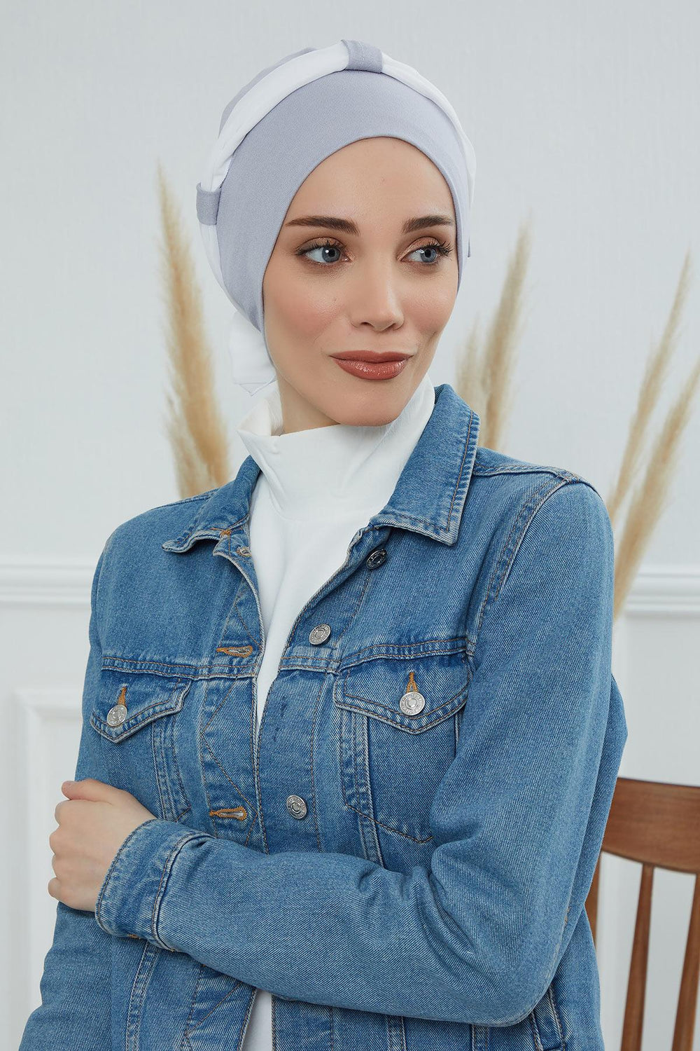 Dual Tone Instant Turban Bonnet with Chiffon Band, Fashionable Muslim Head Covering for Women, Ready-to-Wear Versatile Women Head Wrap,B-24 Grey 2 - Ivory