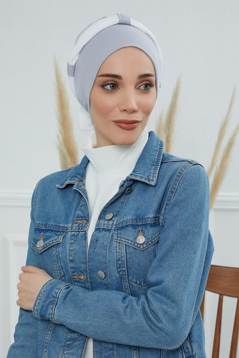 غطاء رأس عمامة ثنائي اللون مع شريط شيفون، غطاء رأس إسلامي عصري للنساء، غطاء رأس متعدد الاستخدامات جاهز للارتداء للنساء، B-24