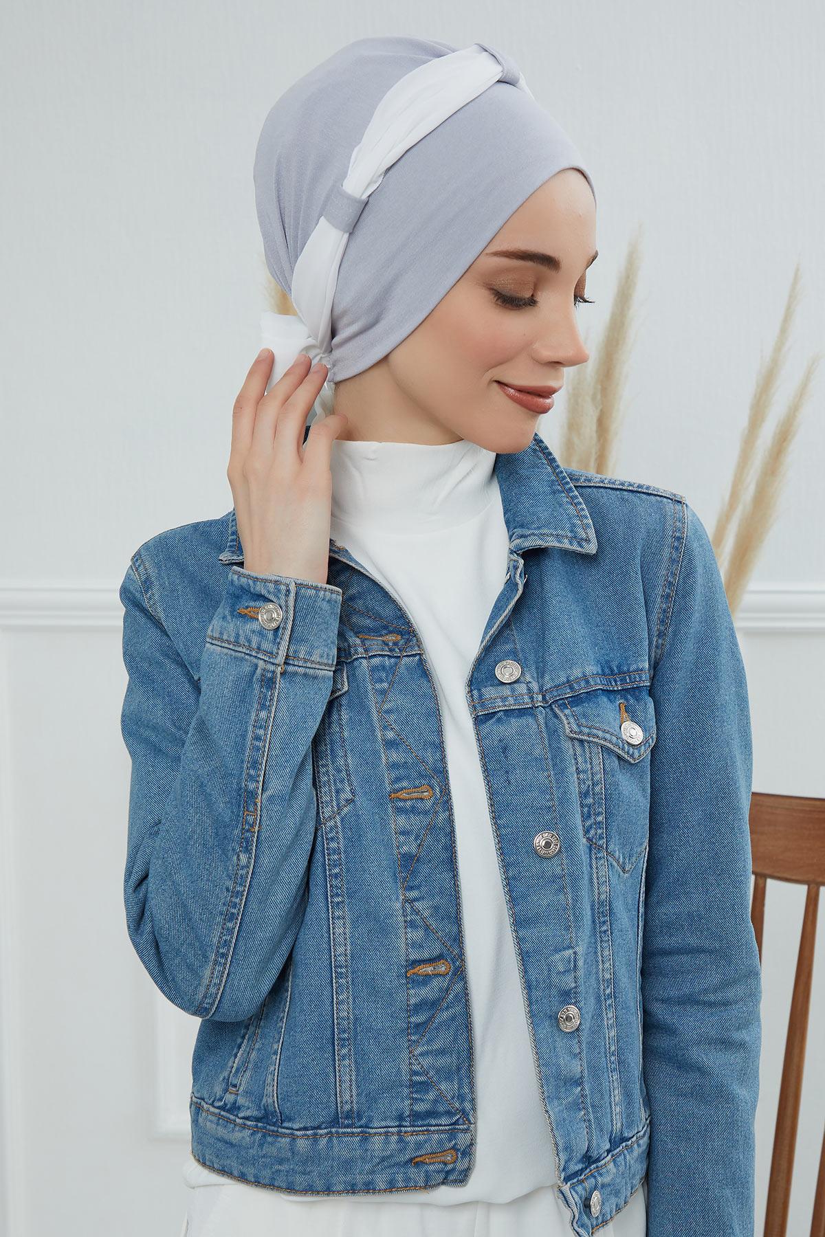 Dual Tone Instant Turban Bonnet with Chiffon Band, Fashionable Muslim Head Covering for Women, Ready-to-Wear Versatile Women Head Wrap,B-24 Grey 2 - Ivory