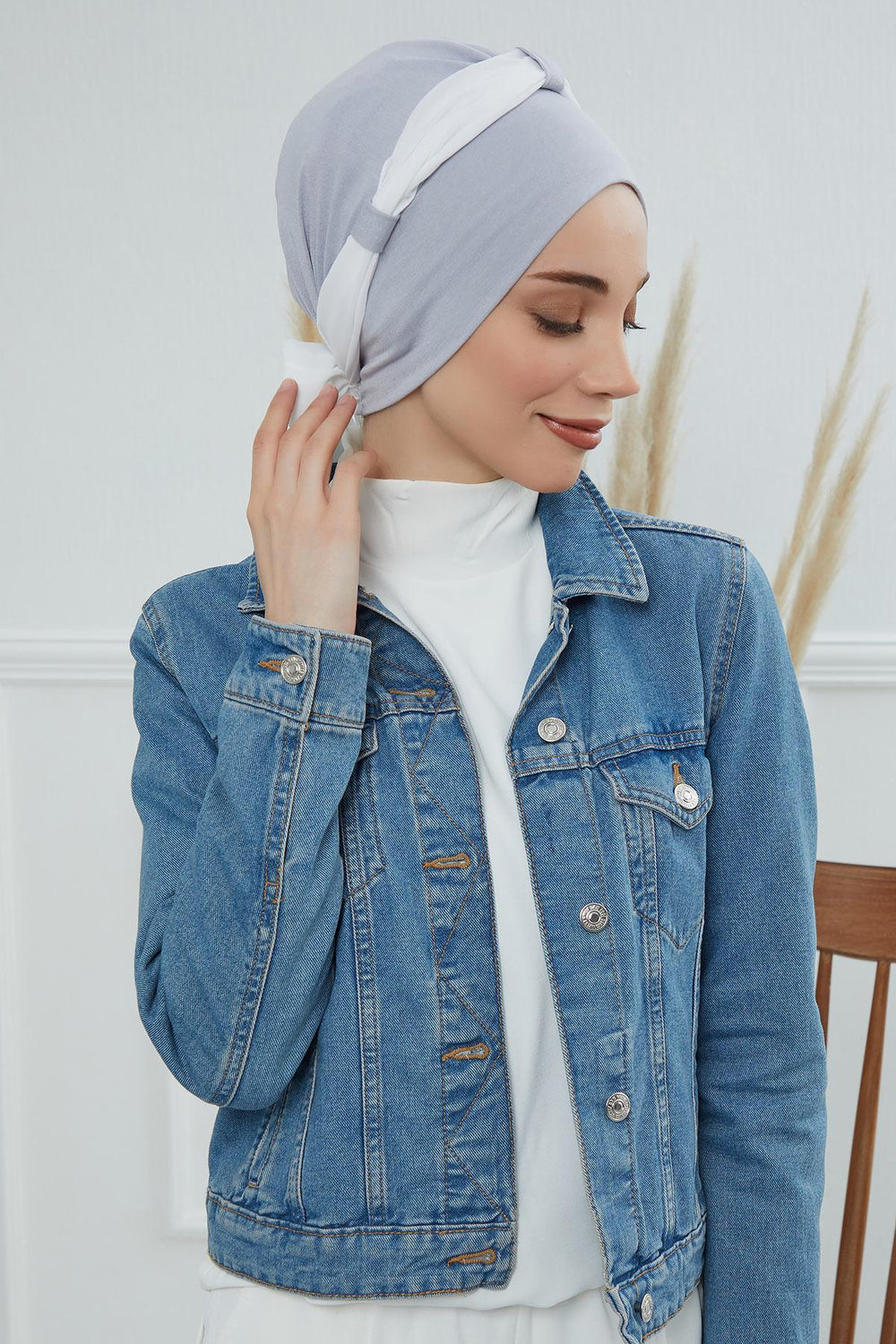 Dual Tone Instant Turban Bonnet with Chiffon Band, Fashionable Muslim Head Covering for Women, Ready-to-Wear Versatile Women Head Wrap,B-24 Grey 2 - Ivory