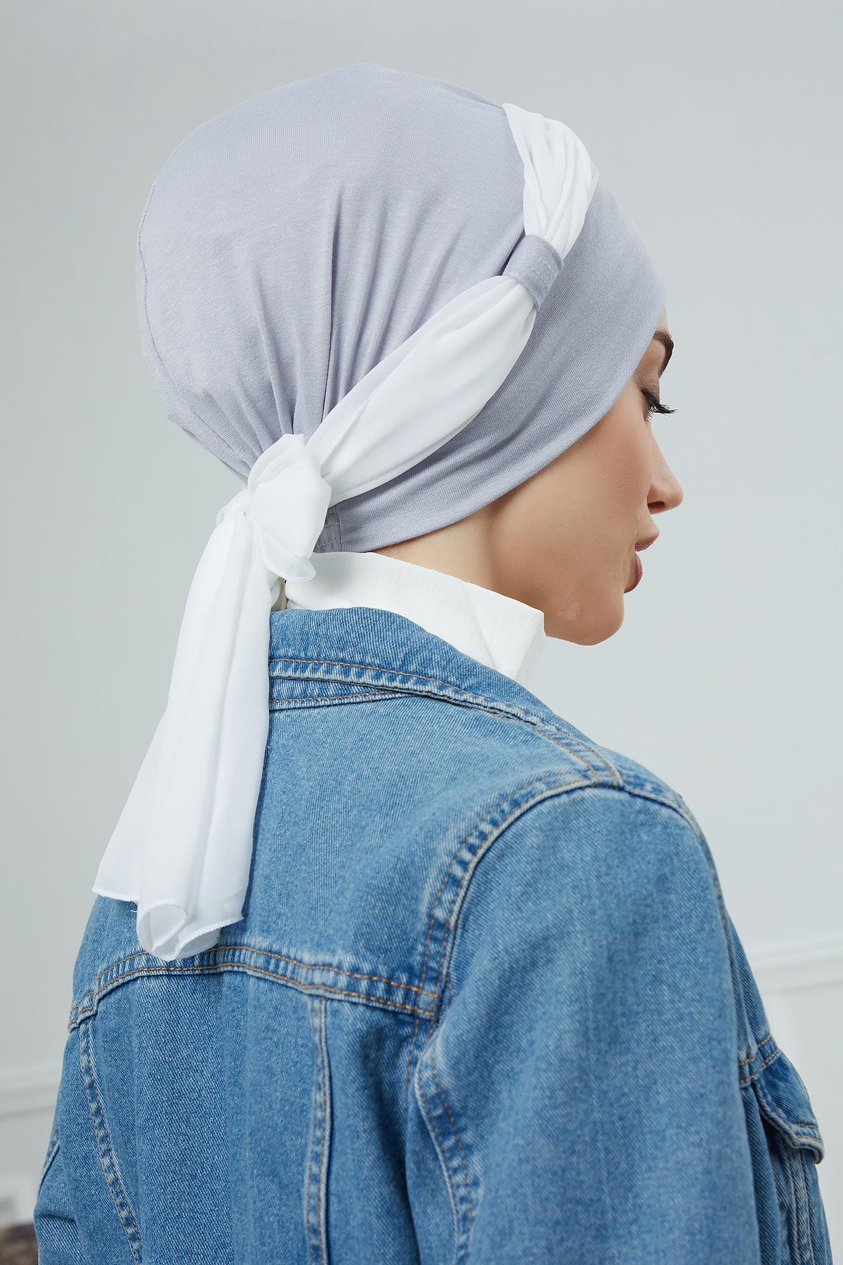 Dual Tone Instant Turban Bonnet with Chiffon Band, Fashionable Muslim Head Covering for Women, Ready-to-Wear Versatile Women Head Wrap,B-24 Grey 2 - Ivory