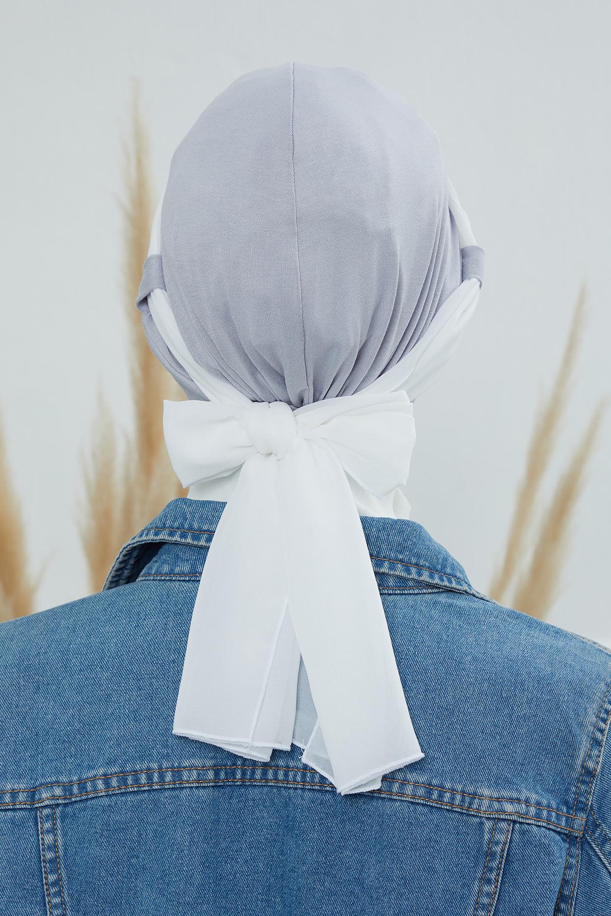 Dual Tone Instant Turban Bonnet with Chiffon Band, Fashionable Muslim Head Covering for Women, Ready-to-Wear Versatile Women Head Wrap,B-24 Grey 2 - Ivory