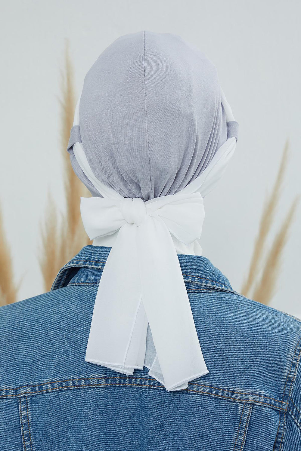 Dual Tone Instant Turban Bonnet with Chiffon Band, Fashionable Muslim Head Covering for Women, Ready-to-Wear Versatile Women Head Wrap,B-24 Grey 2 - Ivory