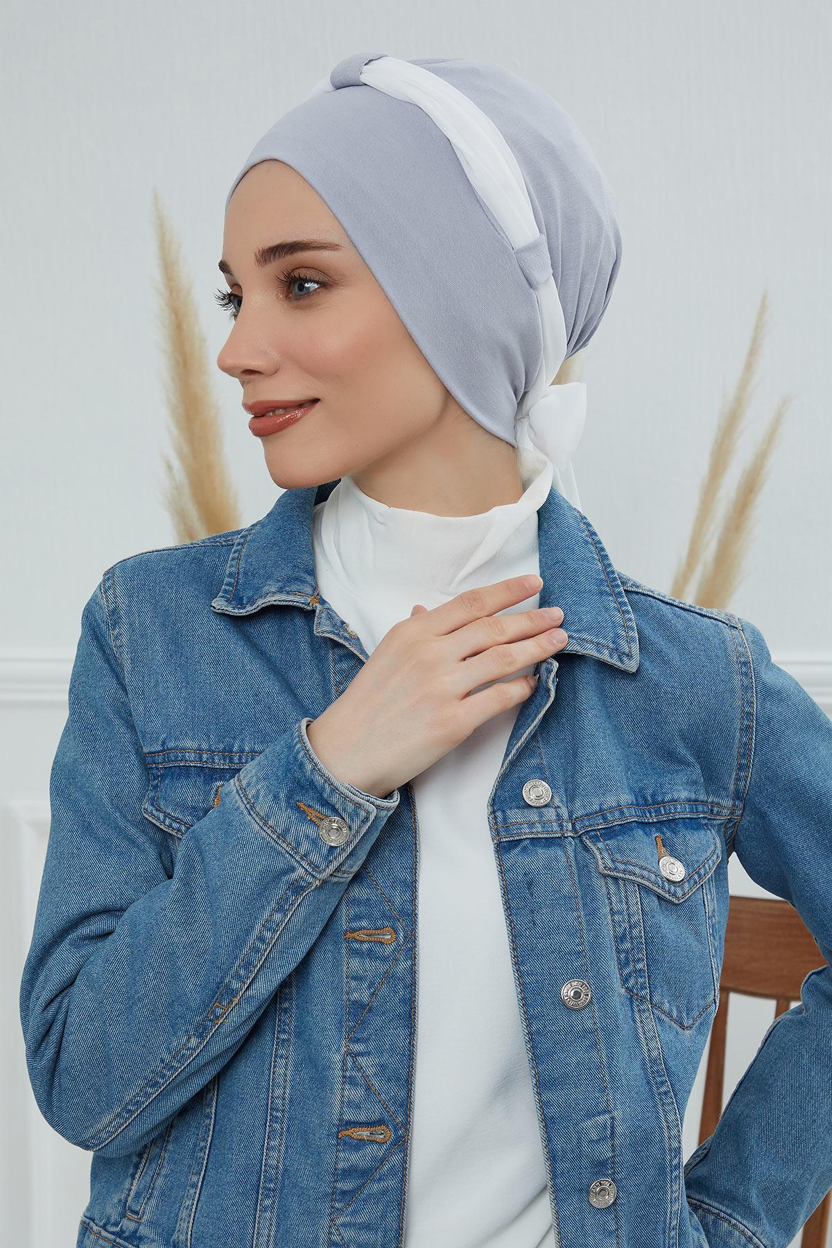 Dual Tone Instant Turban Bonnet with Chiffon Band, Fashionable Muslim Head Covering for Women, Ready-to-Wear Versatile Women Head Wrap,B-24 Grey 2 - Ivory
