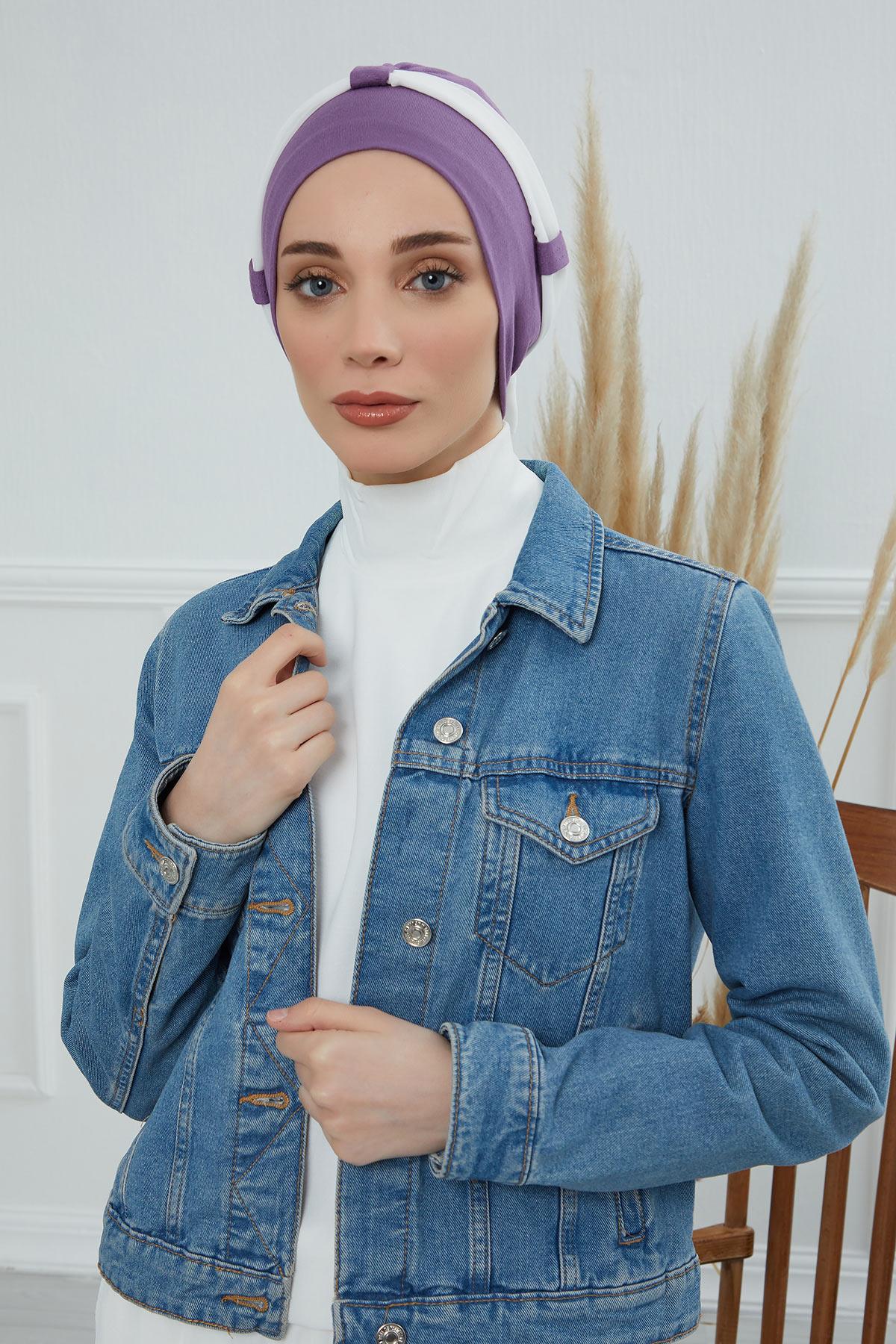 Dual Tone Instant Turban Bonnet with Chiffon Band, Fashionable Muslim Head Covering for Women, Ready-to-Wear Versatile Women Head Wrap,B-24 Purple 2 - Ivory