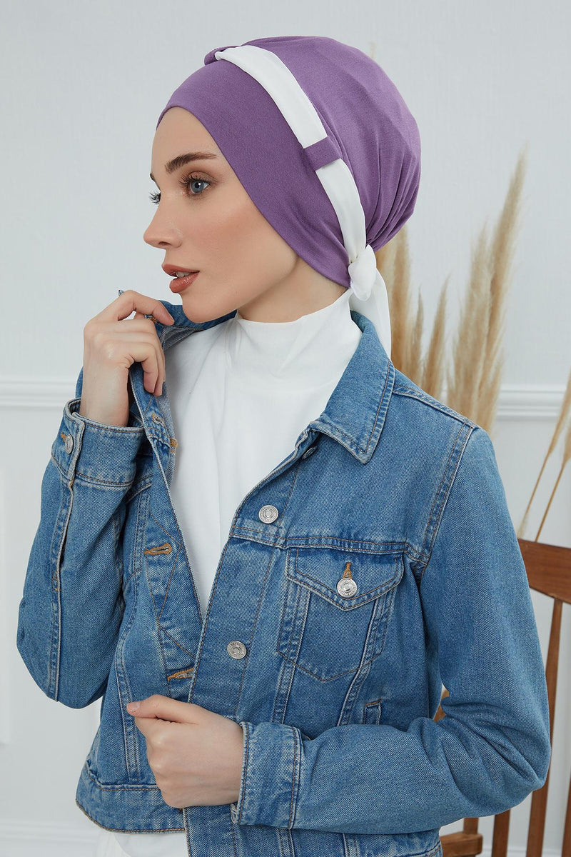 Dual Tone Instant Turban Bonnet with Chiffon Band, Fashionable Muslim Head Covering for Women, Ready-to-Wear Versatile Women Head Wrap,B-24