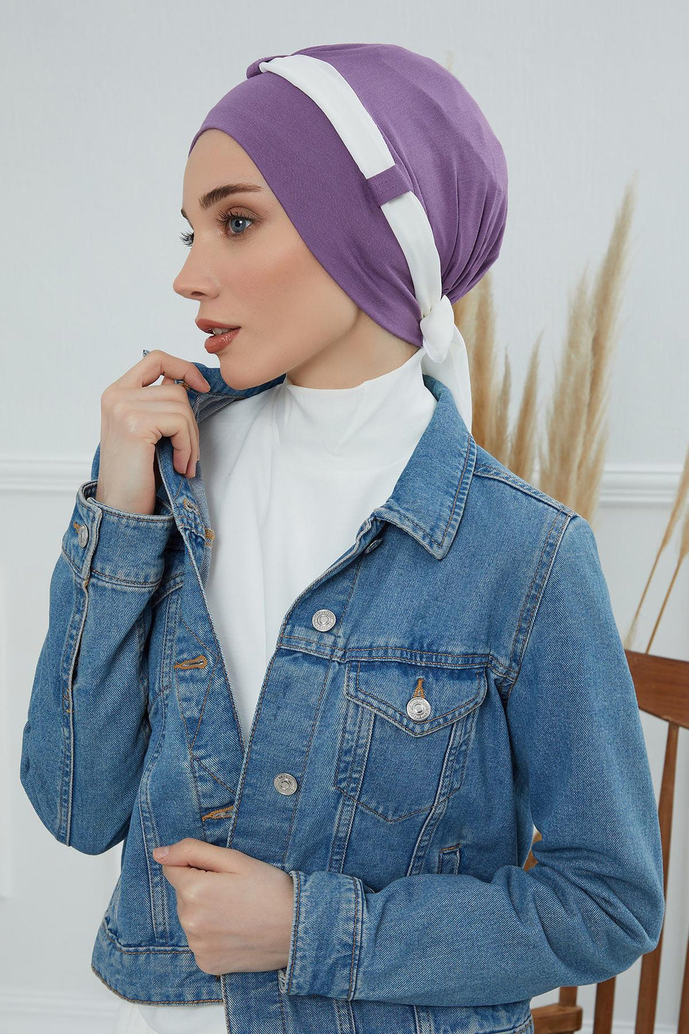 Dual Tone Instant Turban Bonnet with Chiffon Band, Fashionable Muslim Head Covering for Women, Ready-to-Wear Versatile Women Head Wrap,B-24 Purple 2 - Ivory