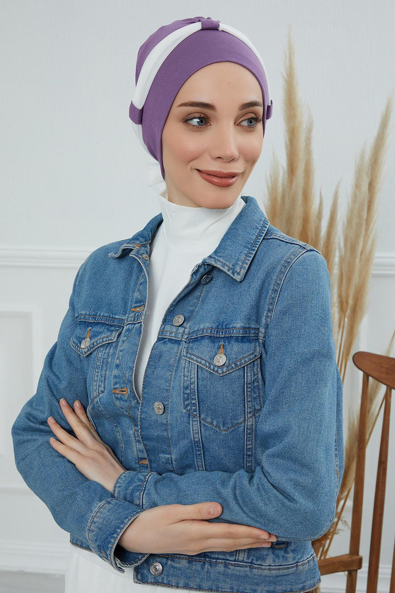 Dual Tone Instant Turban Bonnet with Chiffon Band, Fashionable Muslim Head Covering for Women, Ready-to-Wear Versatile Women Head Wrap,B-24