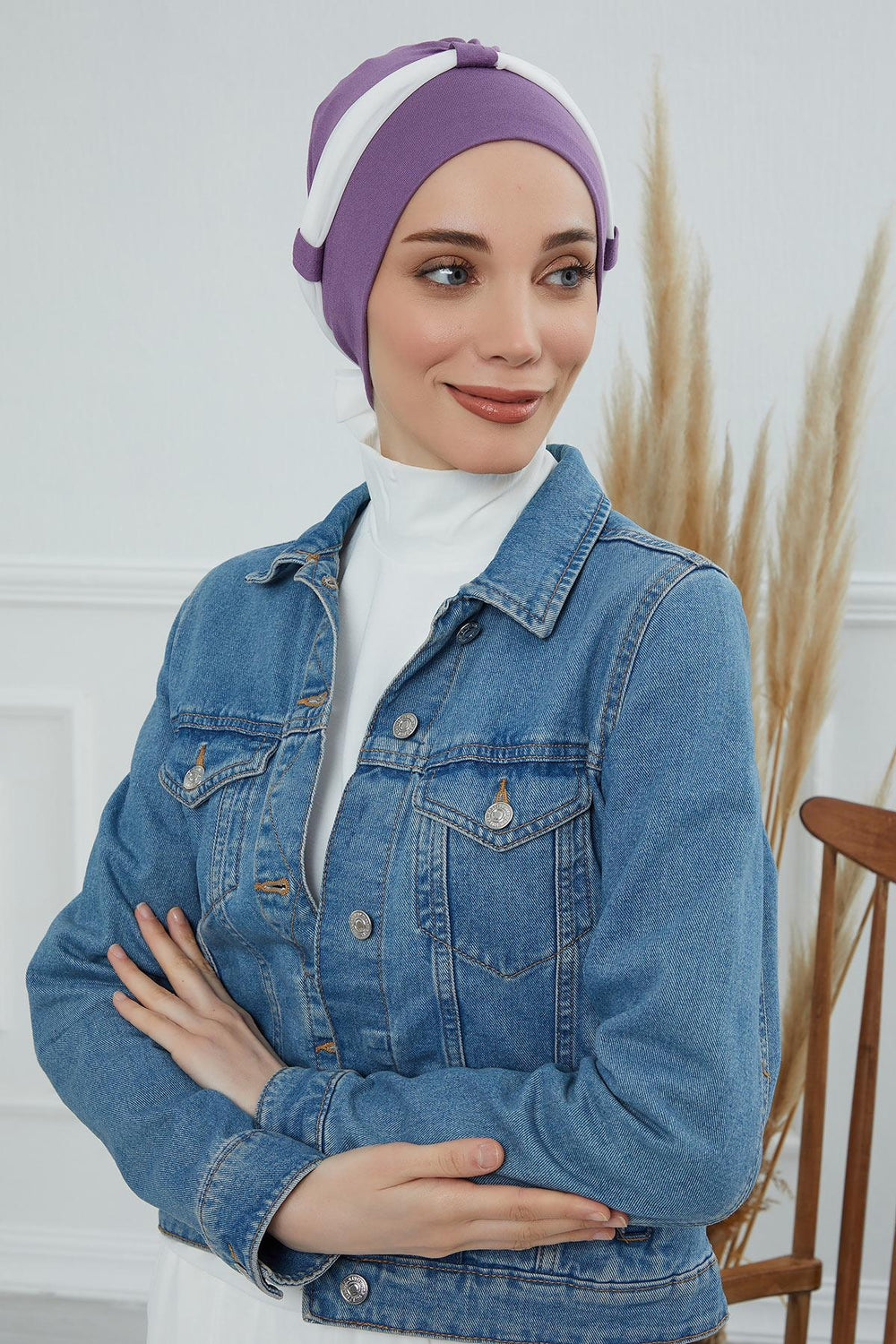 Dual Tone Instant Turban Bonnet with Chiffon Band, Fashionable Muslim Head Covering for Women, Ready-to-Wear Versatile Women Head Wrap,B-24 Purple 2 - Ivory