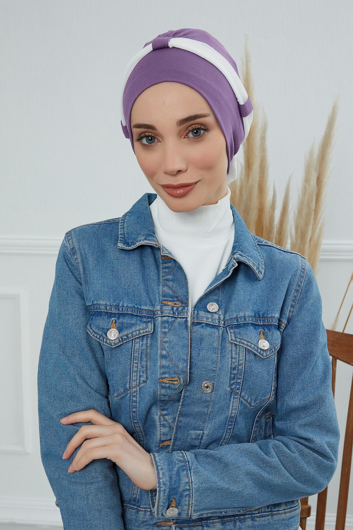 Dual Tone Instant Turban Bonnet with Chiffon Band, Fashionable Muslim Head Covering for Women, Ready-to-Wear Versatile Women Head Wrap,B-24 Purple 2 - Ivory