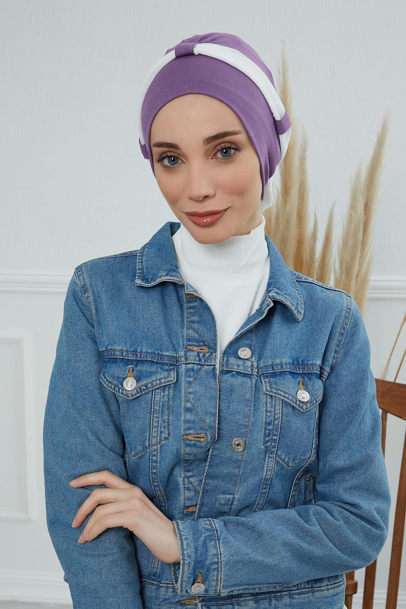Dual Tone Instant Turban Bonnet with Chiffon Band, Fashionable Muslim Head Covering for Women, Ready-to-Wear Versatile Women Head Wrap,B-24