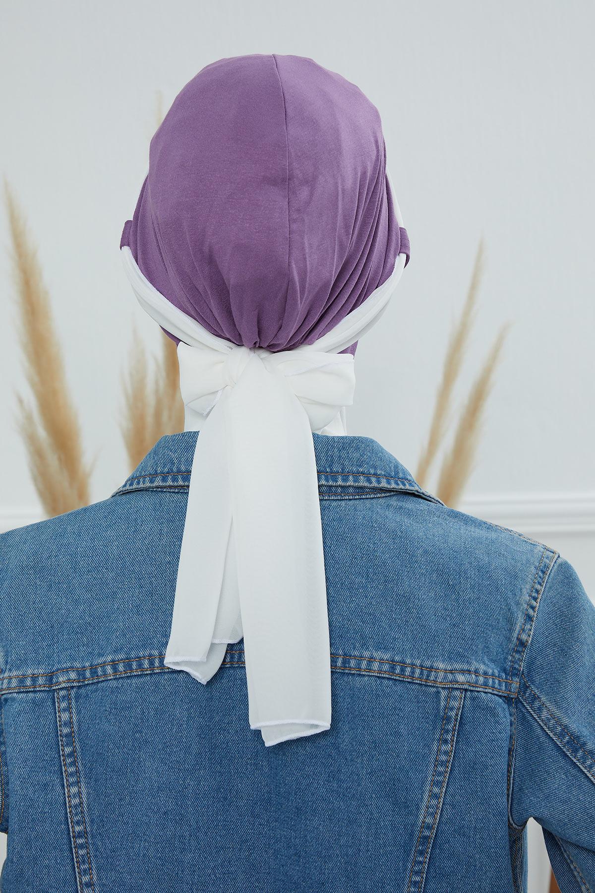 Dual Tone Instant Turban Bonnet with Chiffon Band, Fashionable Muslim Head Covering for Women, Ready-to-Wear Versatile Women Head Wrap,B-24 Purple 2 - Ivory