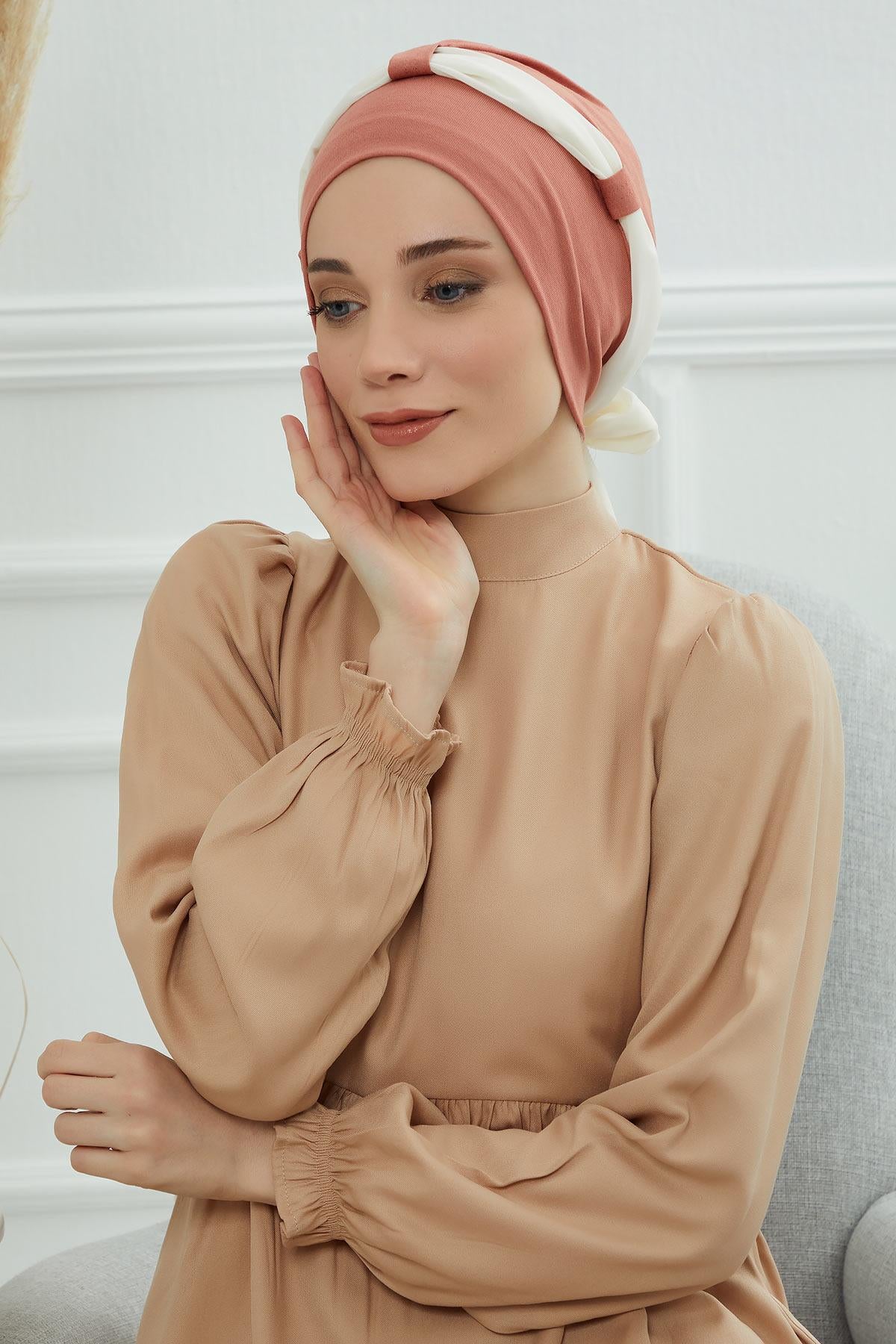 Dual Tone Instant Turban Bonnet with Chiffon Band, Fashionable Muslim Head Covering for Women, Ready-to-Wear Versatile Women Head Wrap,B-24 Salmon - Ivory