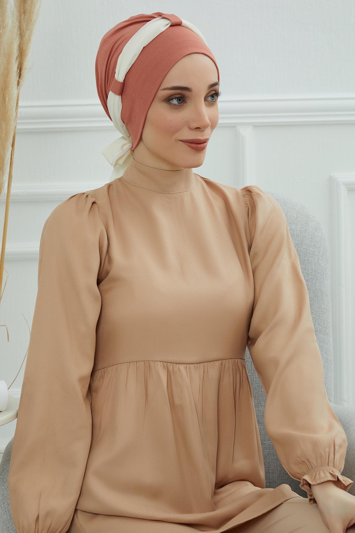 Dual Tone Instant Turban Bonnet with Chiffon Band, Fashionable Muslim Head Covering for Women, Ready-to-Wear Versatile Women Head Wrap,B-24 Salmon - Ivory