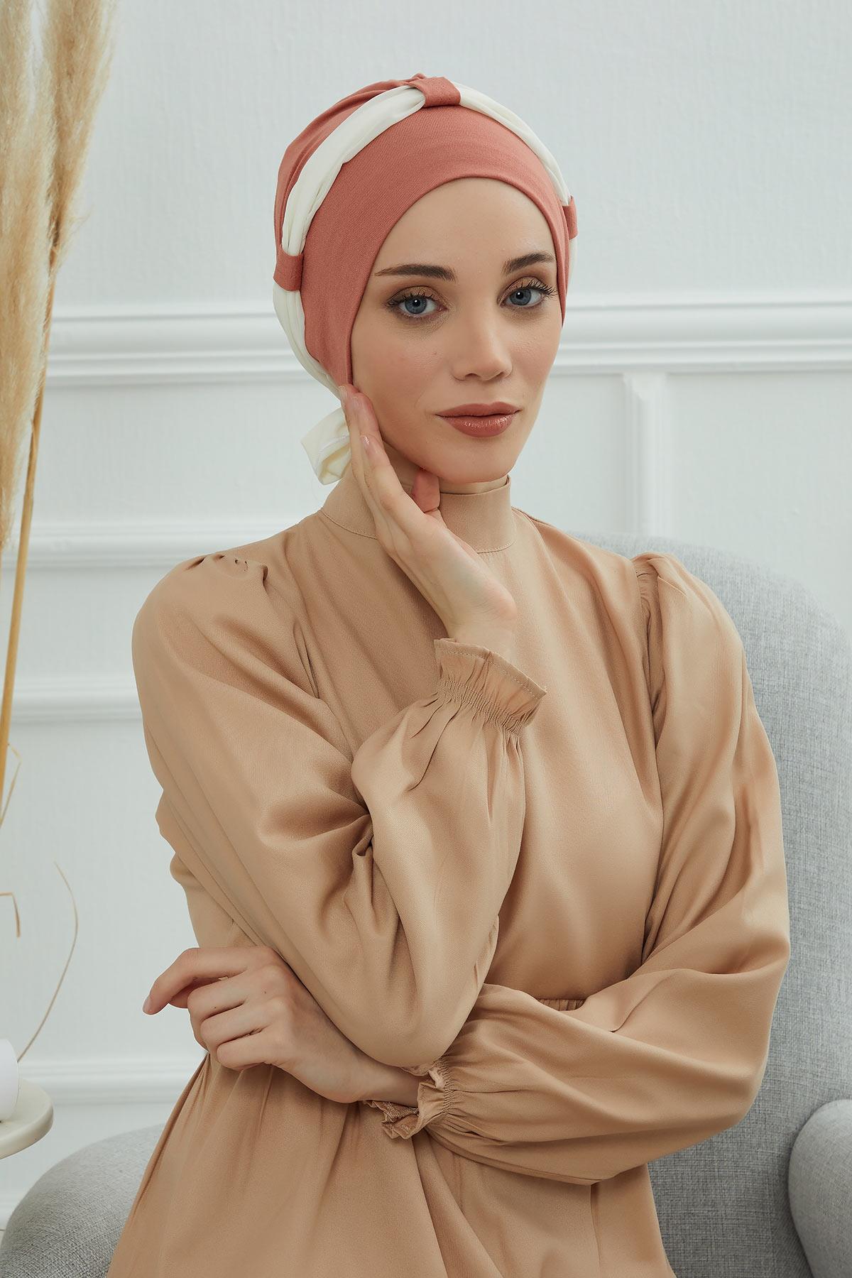 Dual Tone Instant Turban Bonnet with Chiffon Band, Fashionable Muslim Head Covering for Women, Ready-to-Wear Versatile Women Head Wrap,B-24 Salmon - Ivory