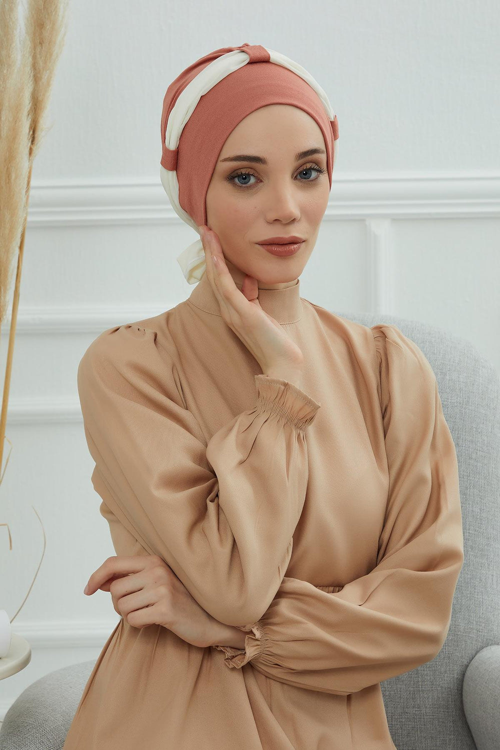 Dual Tone Instant Turban Bonnet with Chiffon Band, Fashionable Muslim Head Covering for Women, Ready-to-Wear Versatile Women Head Wrap,B-24 Salmon - Ivory