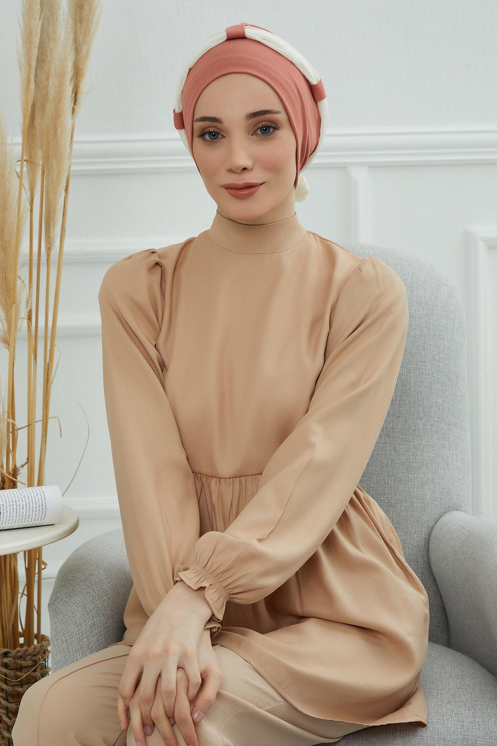 Dual Tone Instant Turban Bonnet with Chiffon Band, Fashionable Muslim Head Covering for Women, Ready-to-Wear Versatile Women Head Wrap,B-24 Salmon - Ivory