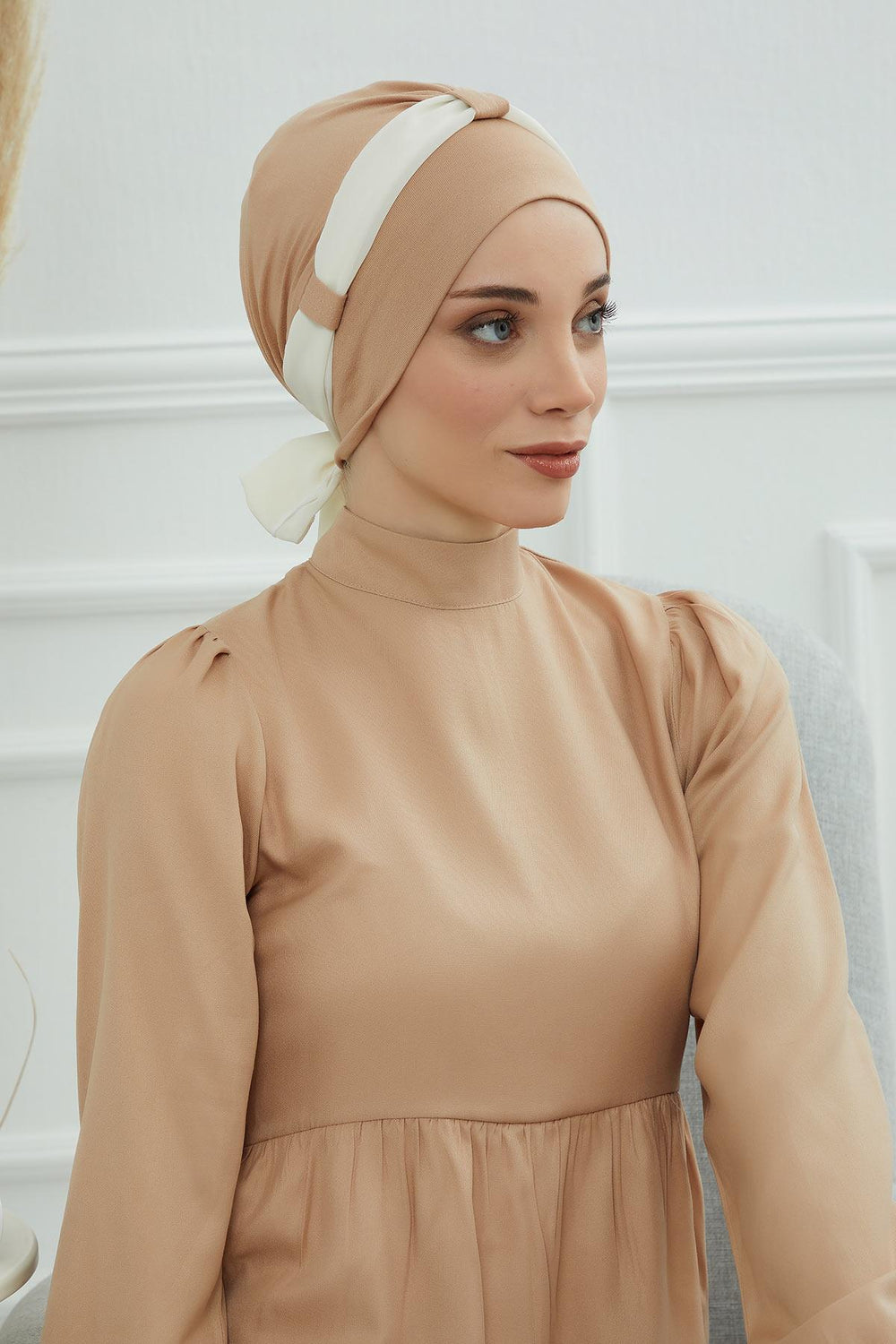 Dual Tone Instant Turban Bonnet with Chiffon Band, Fashionable Muslim Head Covering for Women, Ready-to-Wear Versatile Women Head Wrap,B-24 Sand Brown - Ivory