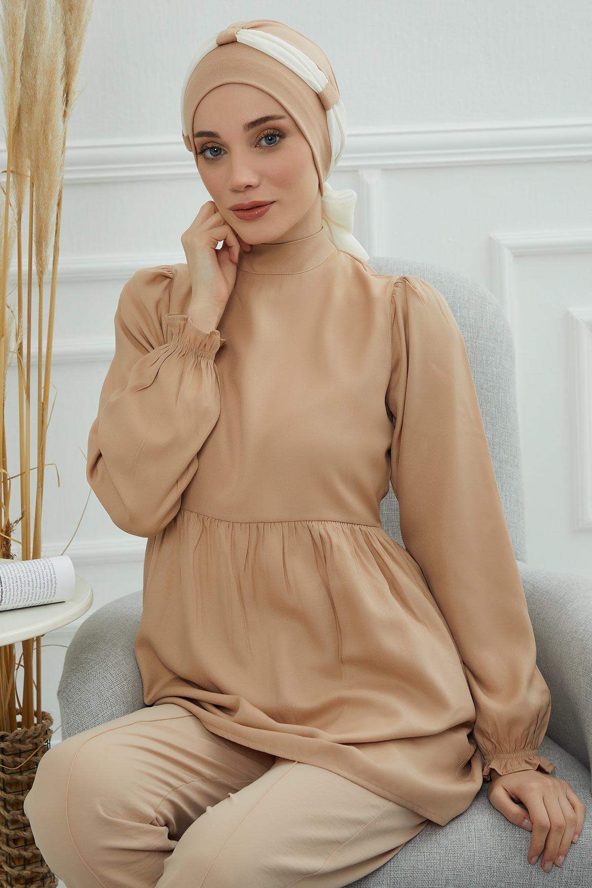 Dual Tone Instant Turban Bonnet with Chiffon Band, Fashionable Muslim Head Covering for Women, Ready-to-Wear Versatile Women Head Wrap,B-24 Sand Brown - Ivory