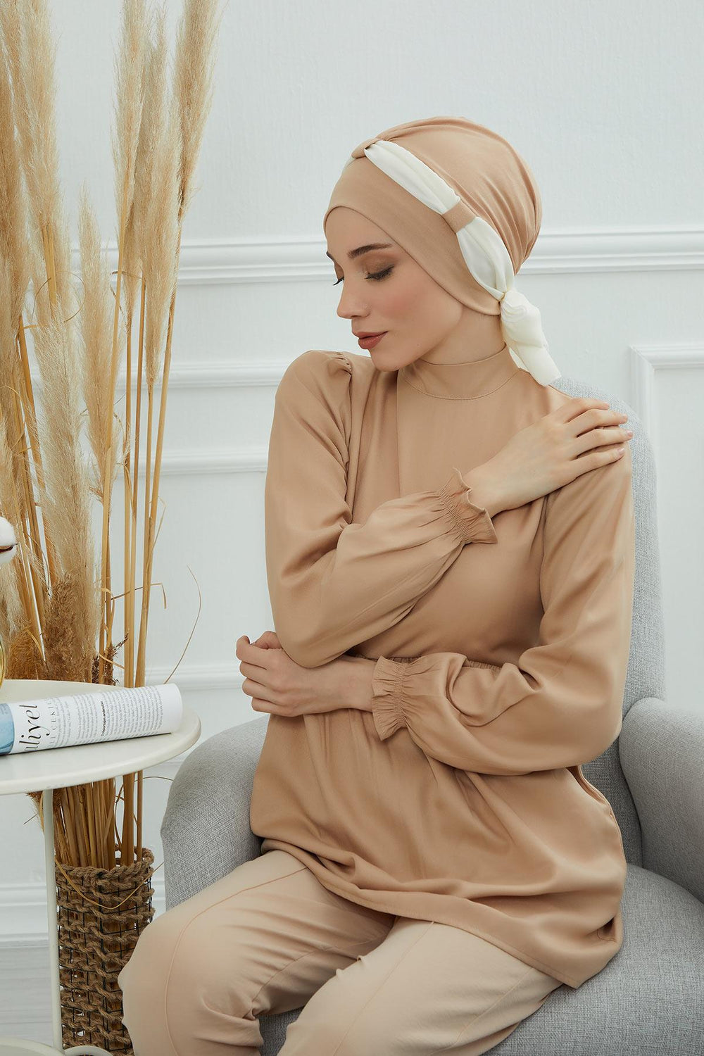 Dual Tone Instant Turban Bonnet with Chiffon Band, Fashionable Muslim Head Covering for Women, Ready-to-Wear Versatile Women Head Wrap,B-24 Sand Brown - Ivory