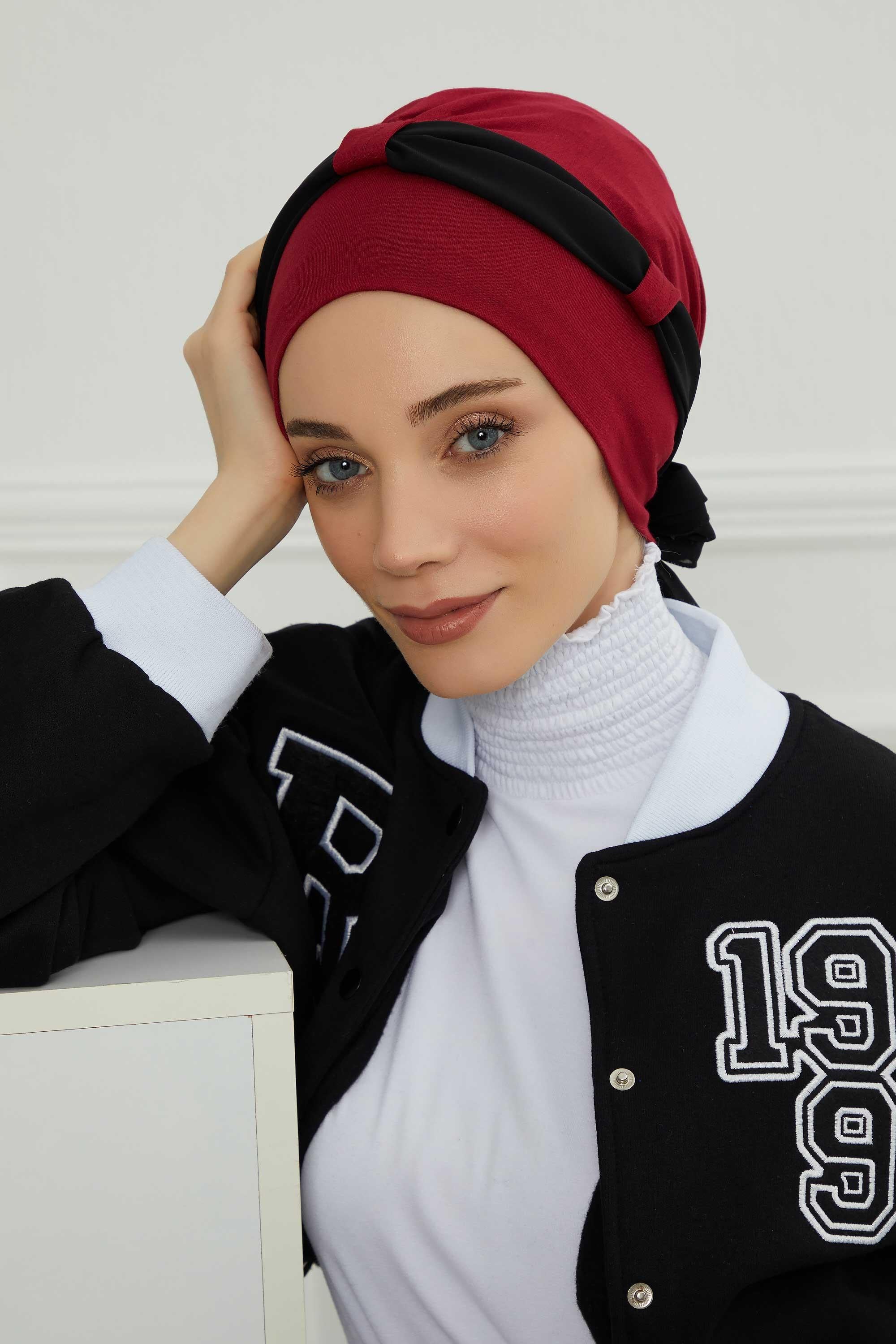 Dual Tone Instant Turban Bonnet with Chiffon Band, Fashionable Muslim Head Covering for Women, Ready-to-Wear Versatile Women Head Wrap,B-24 Maroon - Black