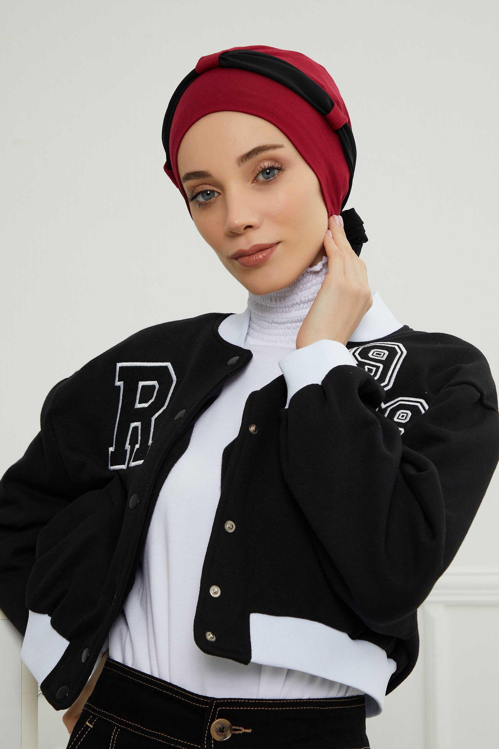 Dual Tone Instant Turban Bonnet with Chiffon Band, Fashionable Muslim Head Covering for Women, Ready-to-Wear Versatile Women Head Wrap,B-24 Maroon - Black